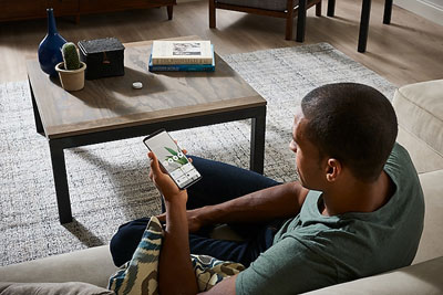   A man sitting on a sofa holds a phone and checks the smart plug. In front of the sofa are a tea table with two books, a bottle, a potted plant and some other gadgets on it 